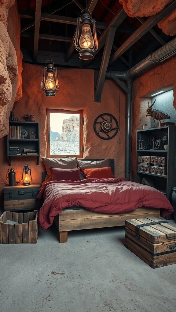Geonosis Rocky Nest inspired bedroom with earthy tones, wooden bed, and lantern lighting.