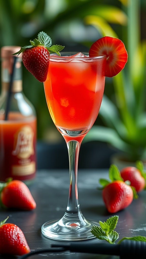 A refreshing Fruity Daiquiri Delight cocktail garnished with strawberries and mint.