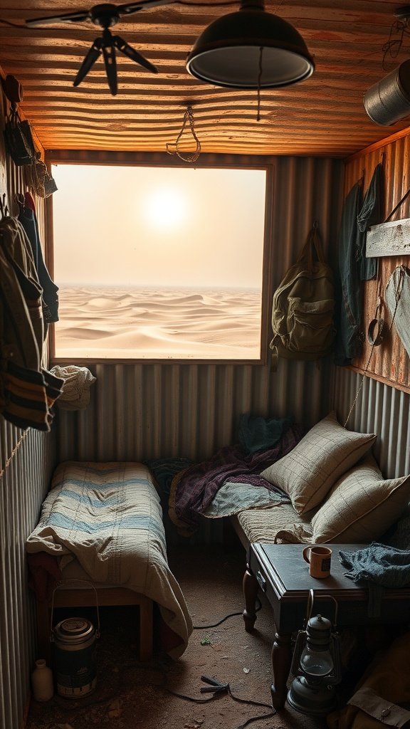 A cozy room with two beds, a lantern, and a window overlooking sand dunes, reflecting a scavenger's lifestyle on Jakku.