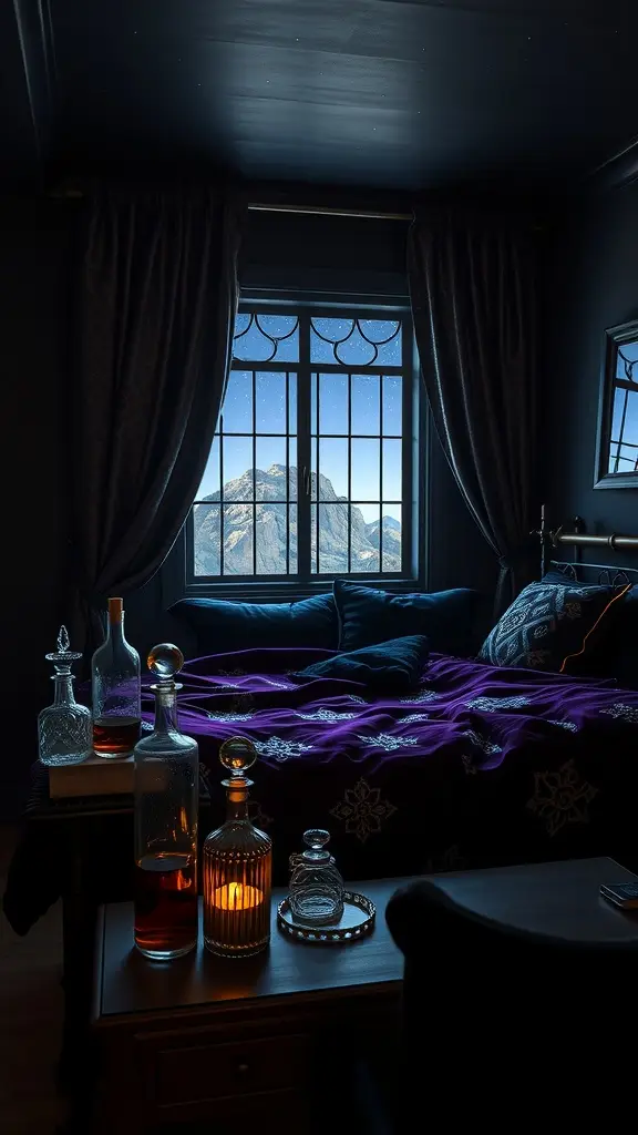 Cozy bedroom inspired by Star Wars, featuring dark curtains, a purple blanket, and a view of mountains under a starry sky.