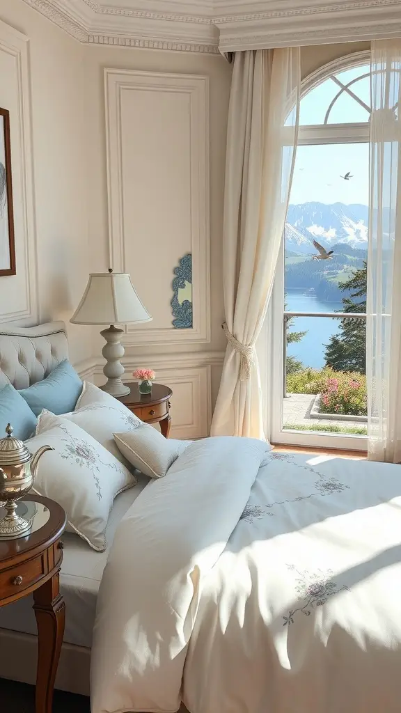 Cozy bedroom with cream bedding and large windows showcasing a beautiful garden view.