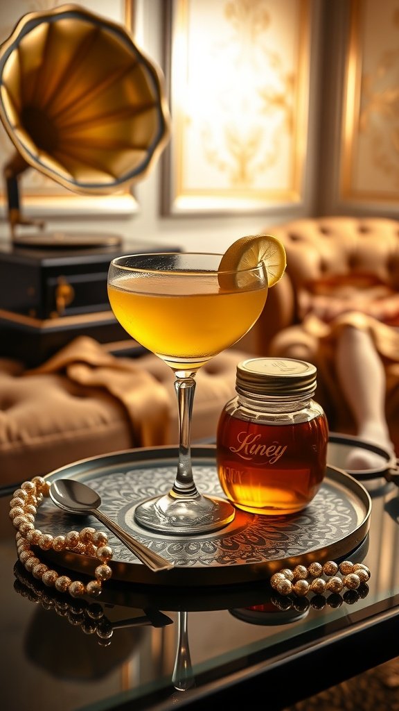 A stylish cocktail with honey and a lemon garnish in an elegant setting.