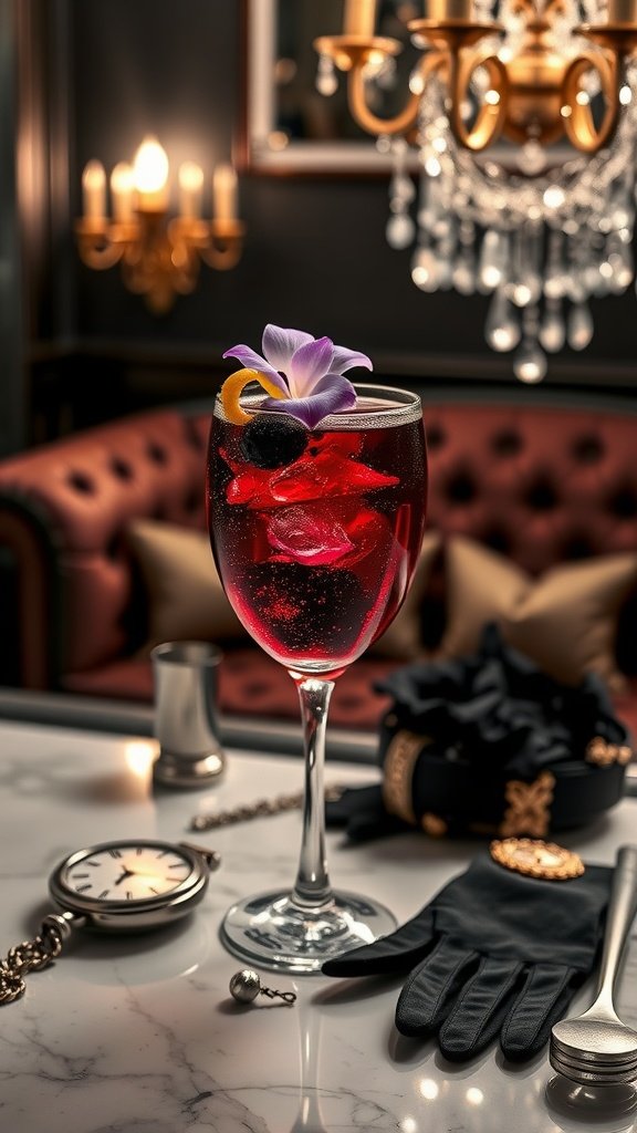 A vibrant cocktail in a glass with fresh fruit garnishes, set against an elegant background.