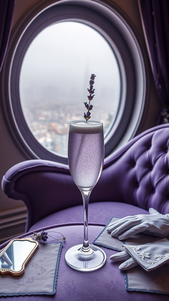 A stylish cocktail in a tall glass garnished with a lavender sprig, symbolizing the elegance of the 1920s.