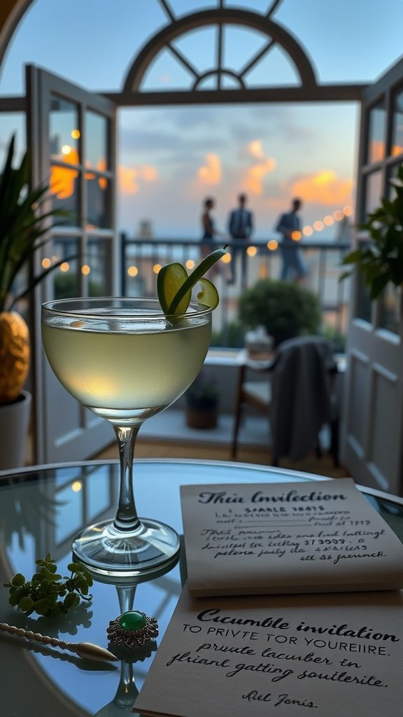 A refreshing cocktail with a cucumber and lime garnish, set against a stylish background.