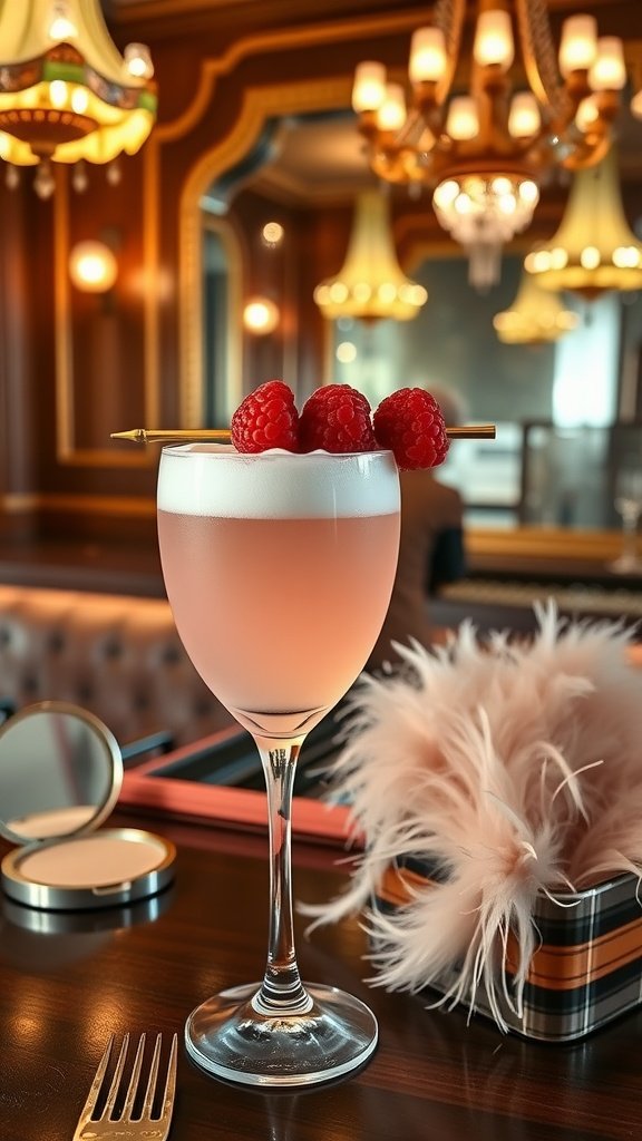 A stylish cocktail served in a coupe glass, featuring raspberries and a frothy top.