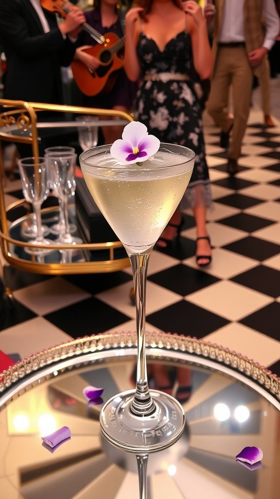 A sparkling cocktail in a tall glass, garnished with a flower and surrounded by elegant party decor.