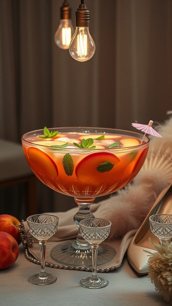A vibrant bowl of Prohibition Peach Punch surrounded by peaches and elegant glassware.