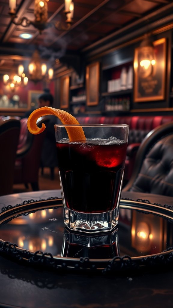 A Velvet Underground cocktail served in a rocks glass with an orange twist garnish.