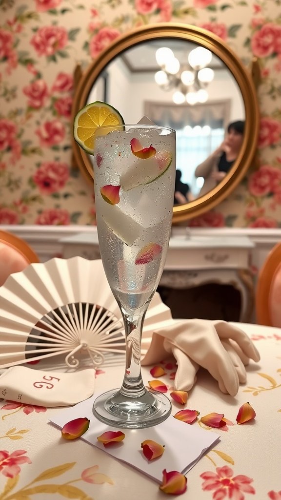 A refreshing cocktail garnished with lime and rose petals, served in an elegant glass.