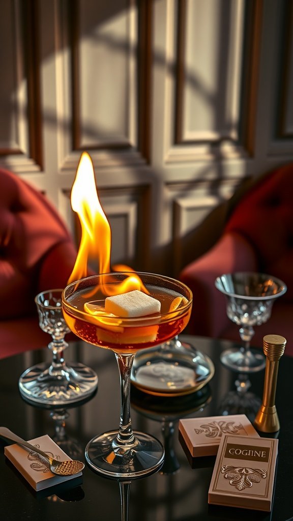 A beautifully lit cocktail with flames and a sugar cube