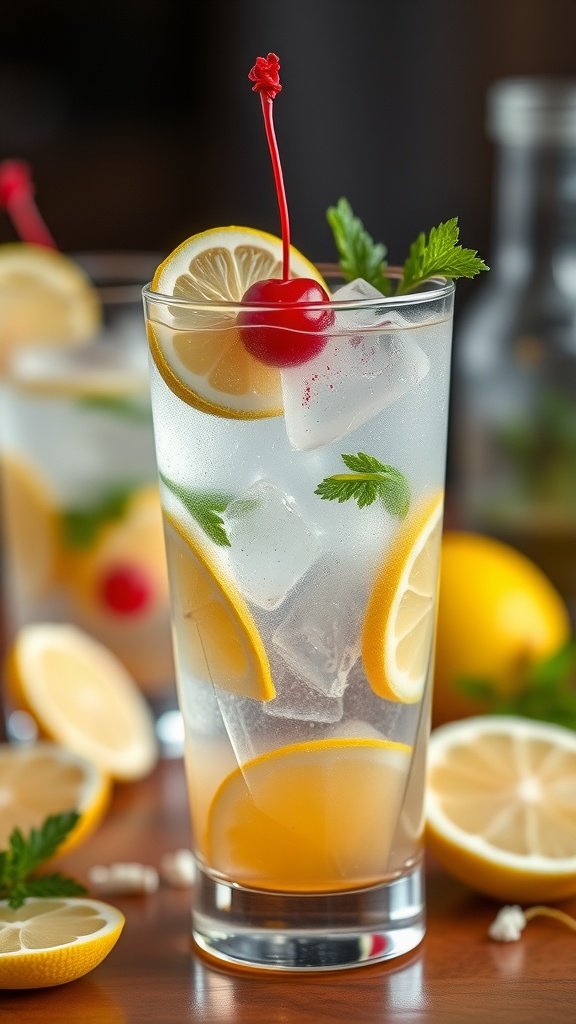 A refreshing Tom Collins cocktail with lemon slices and a cherry on top