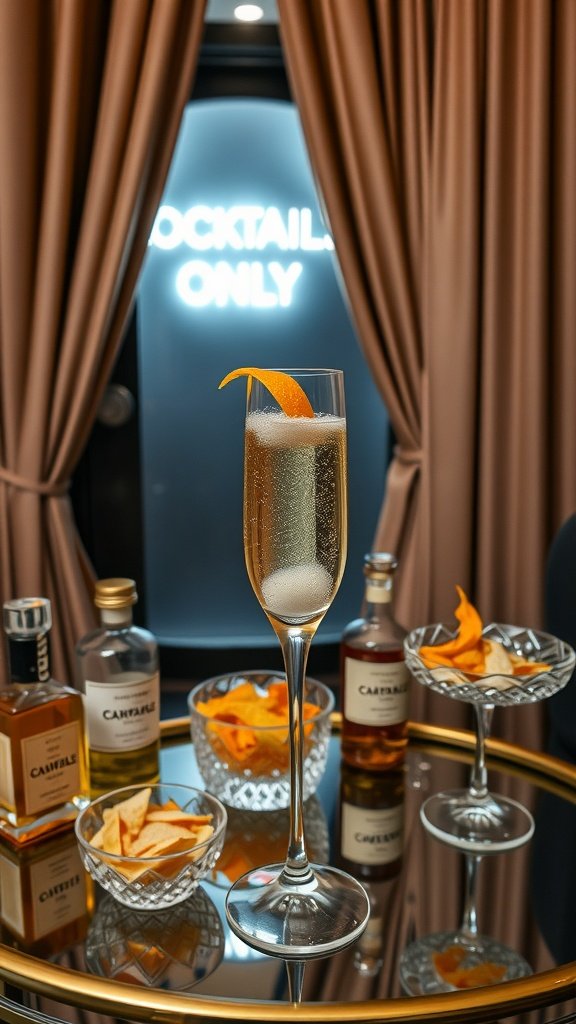 A sparkling cocktail garnished with orange peel in a stylish glass