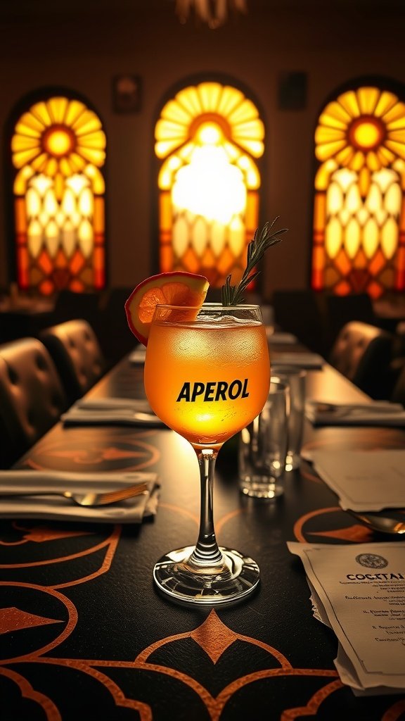 A vibrant cocktail glass featuring Aperol, garnished with an orange slice and a sprig of rosemary.