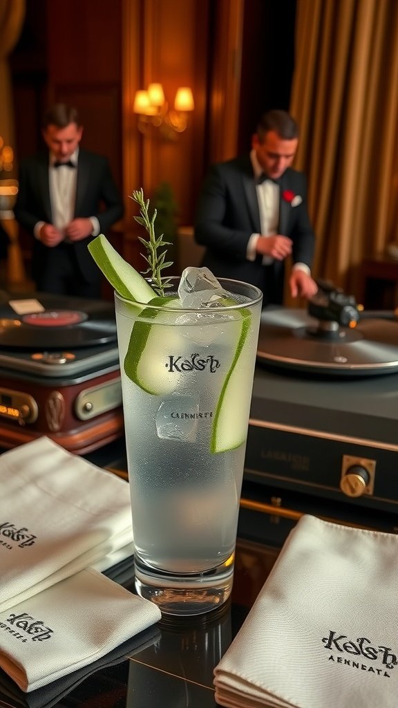 A refreshing Cotton Club Cooler cocktail with cucumber and mint garnish.