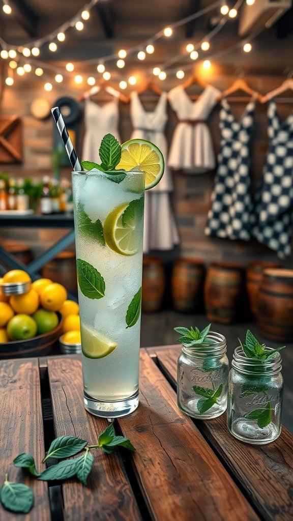 A refreshing Moonshine Mojito cocktail garnished with lime and mint.