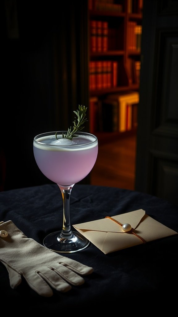 A cocktail glass filled with a light purple drink, garnished with a rosemary sprig, on a table with a pair of gloves and an envelope.