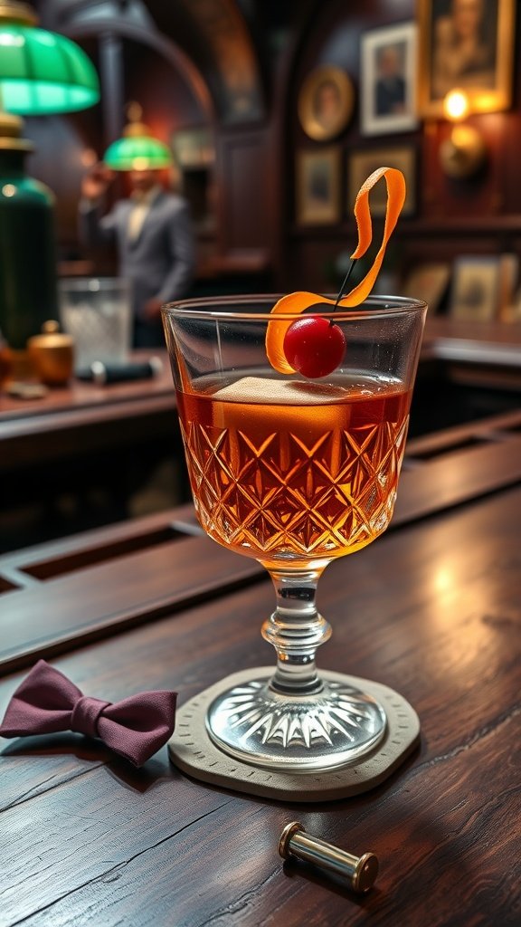 A Dapper Old Fashioned cocktail presented in an elegant glass with an orange peel and cherry garnish.