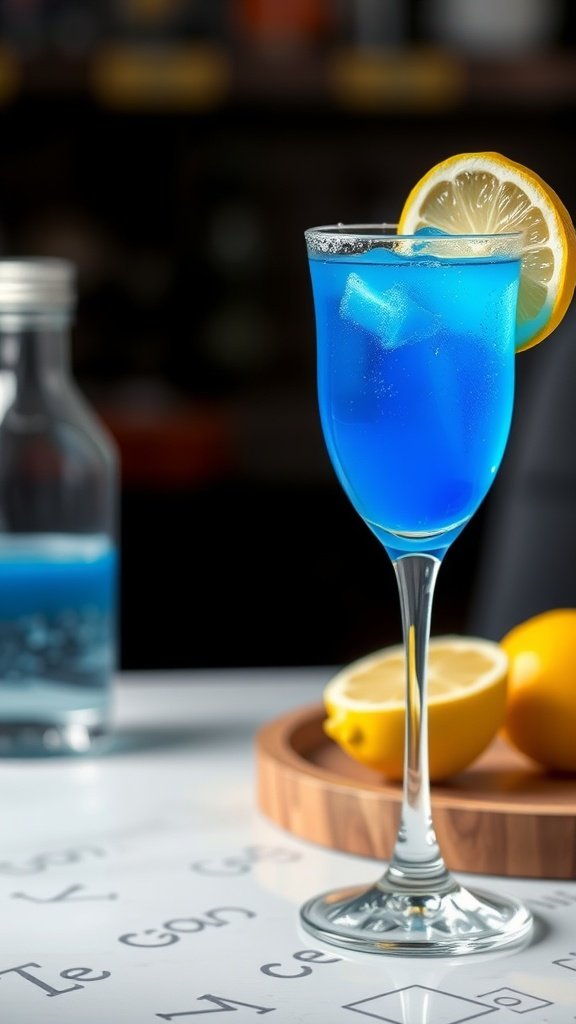 A refreshing blue lagoon cocktail in a glass with ice and a lemon slice
