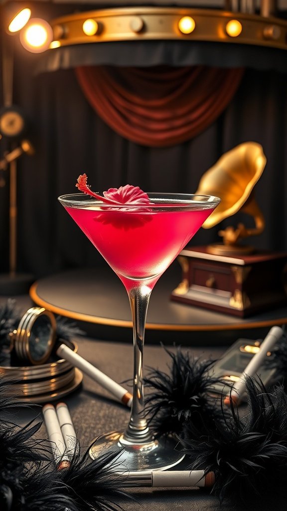 A vibrant pink cocktail in a martini glass, garnished with a flower, sitting on a table with 1920s themed decorations.