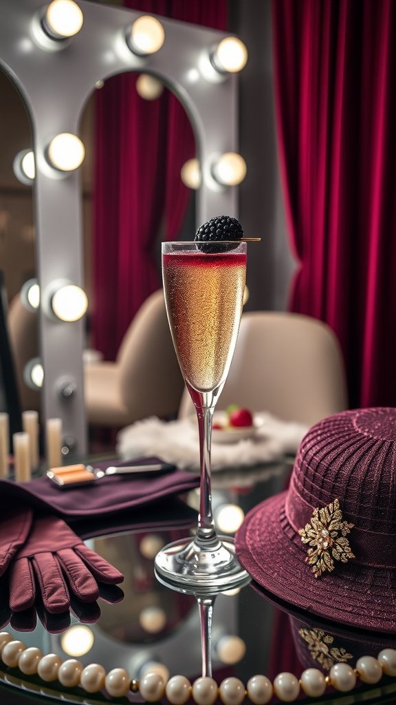 A glamorous cocktail named the Roxy Royale, featuring a blend of champagne and berry liqueur, garnished with fresh berries.
