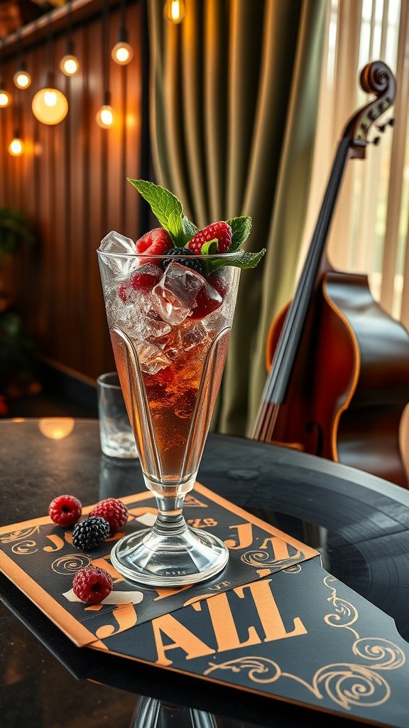 A refreshing cocktail featuring berries and mint, served in a tall glass.