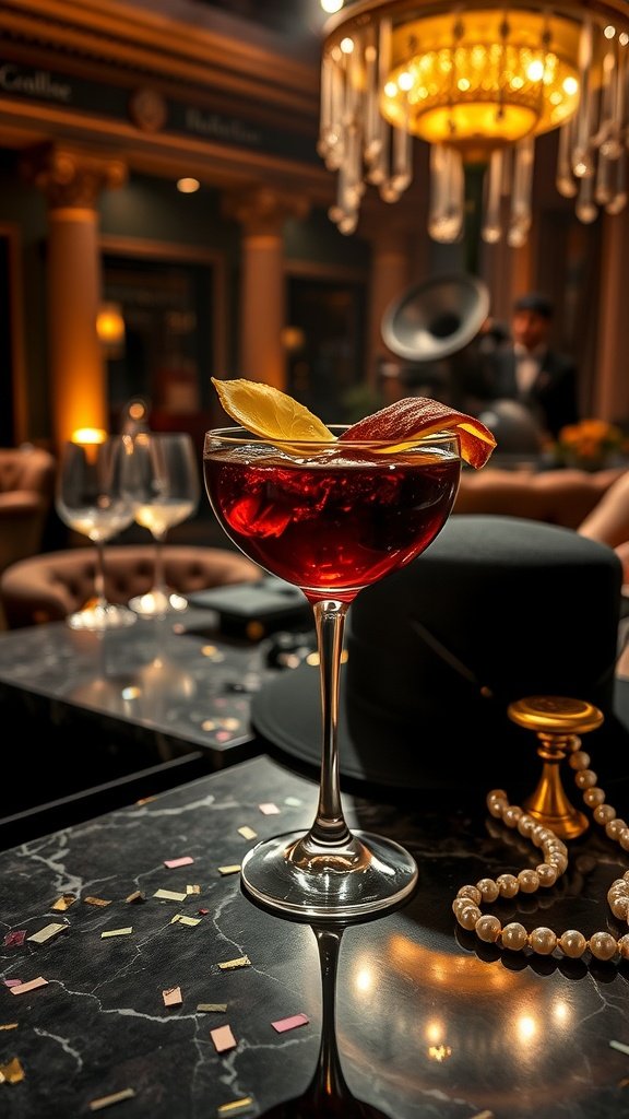 A vibrant cocktail with a cherry garnish in a stylish glass.