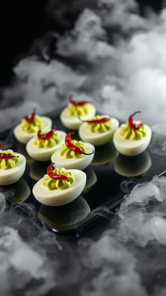 Deviled eggs with green filling and red pepper garnish on a smoky background