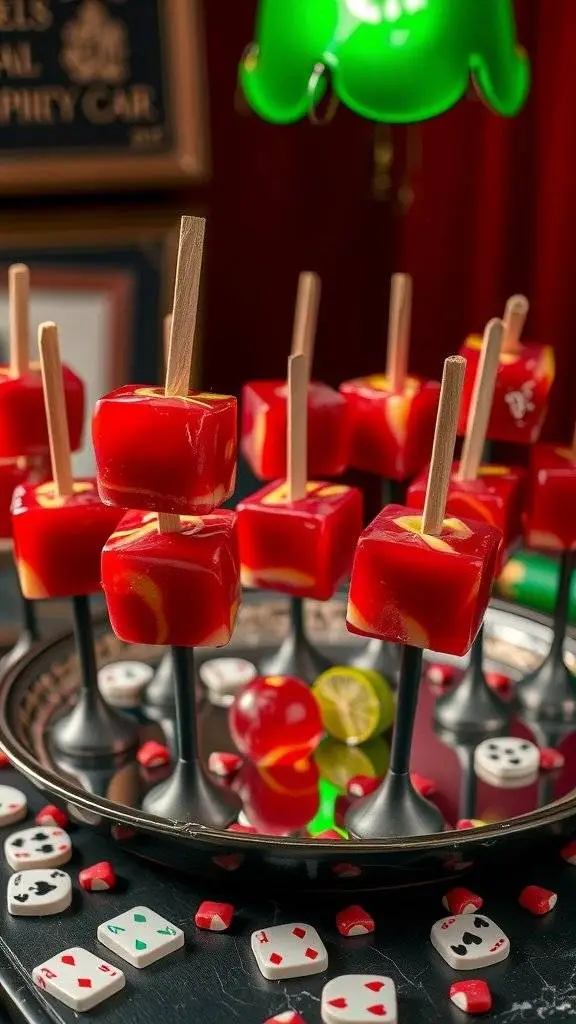 A tray of red candy apple bites on sticks, surrounded by colorful game pieces.