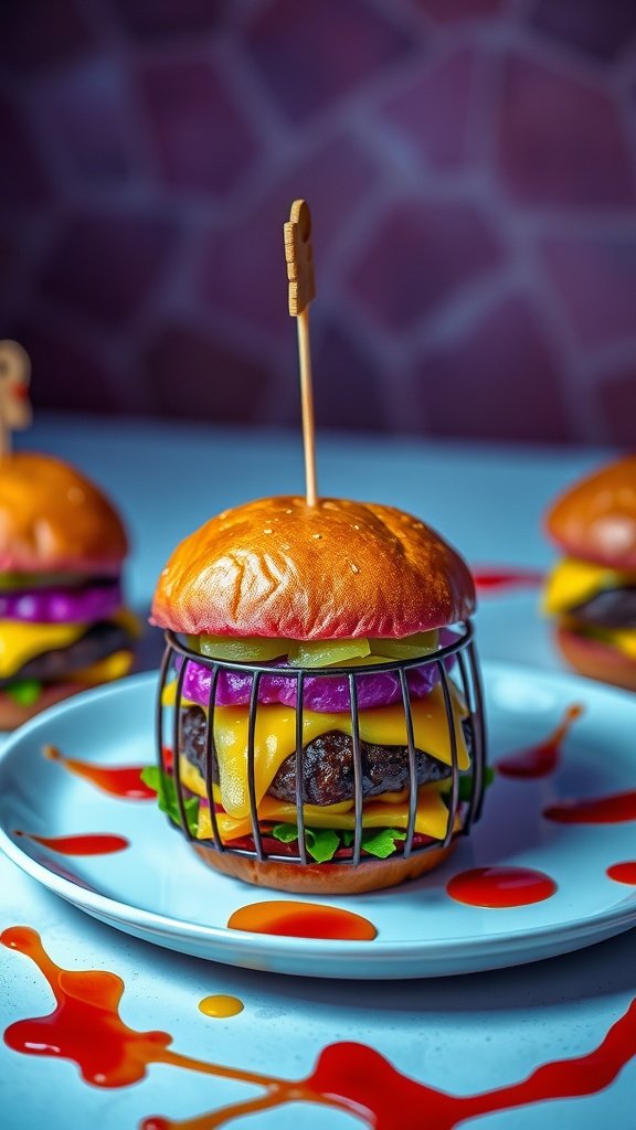 Mini cheeseburgers presented in colorful wire cages with toppings and sauce on a plate