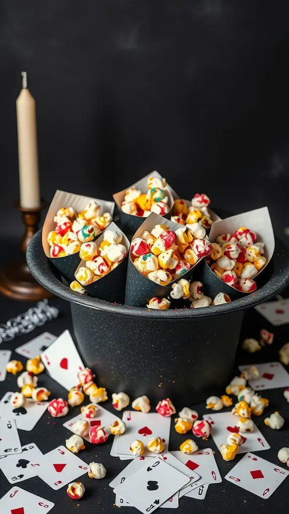 Colorful popcorn cones in a bowl with playing cards scattered around.