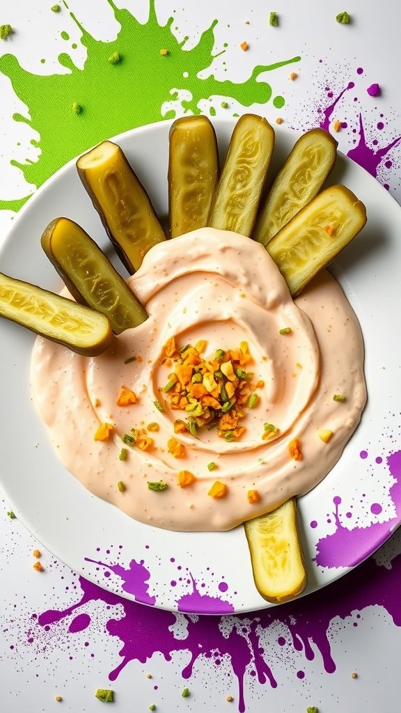 Colorful painted pickle spears arranged on a plate with creamy dip and toppings.
