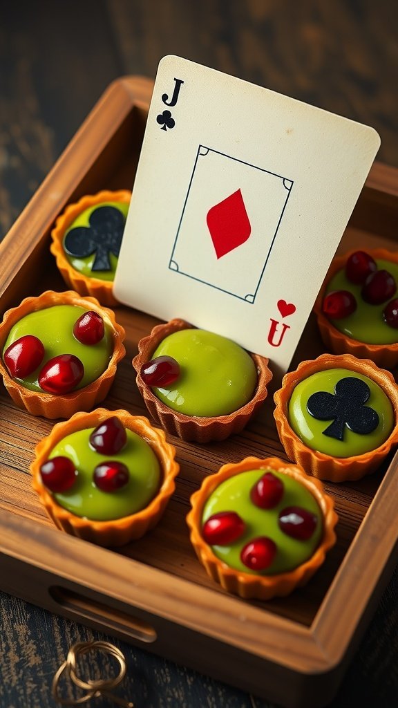 Colorful mini tarts with green cream and garnishes, alongside a playing card.