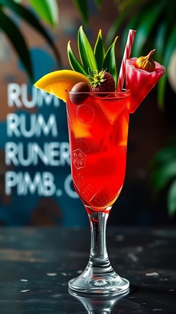 A tropical Rum Runner cocktail garnished with fruit.
