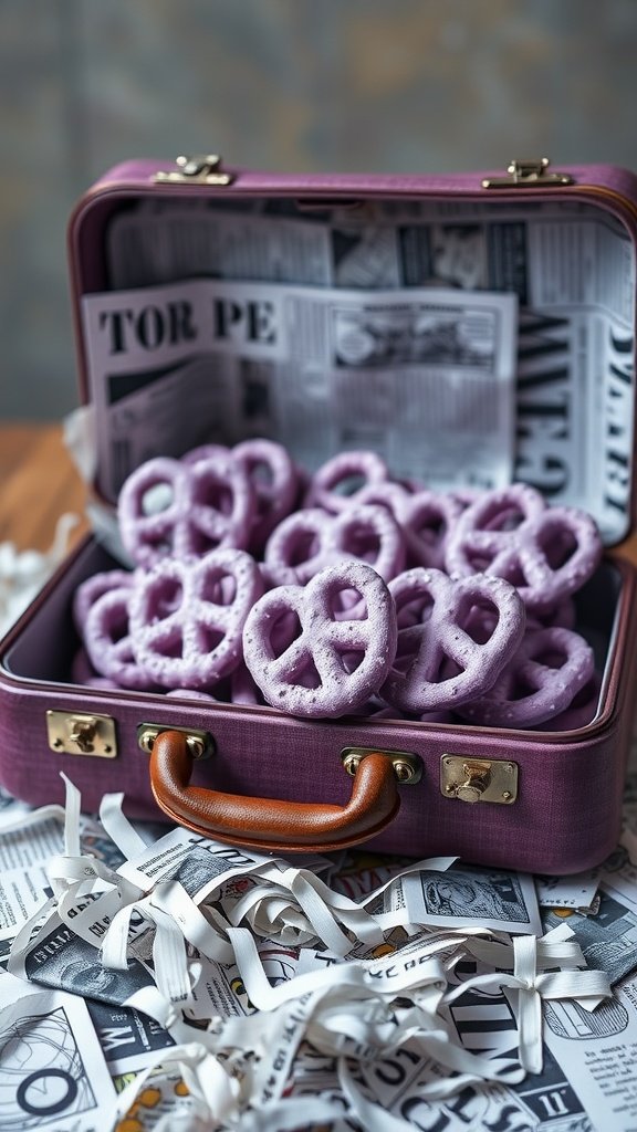 Purple pretzel twists in a vintage suitcase with newspaper and ribbons.
