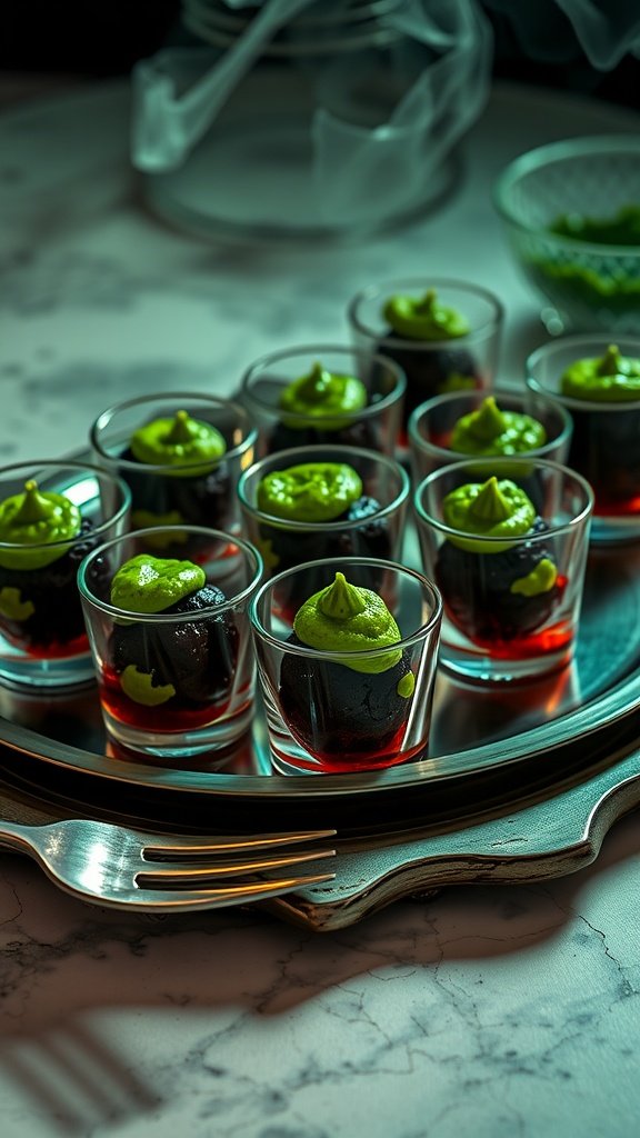 A platter of mini meatballs topped with a vibrant sauce, served with toothpicks.