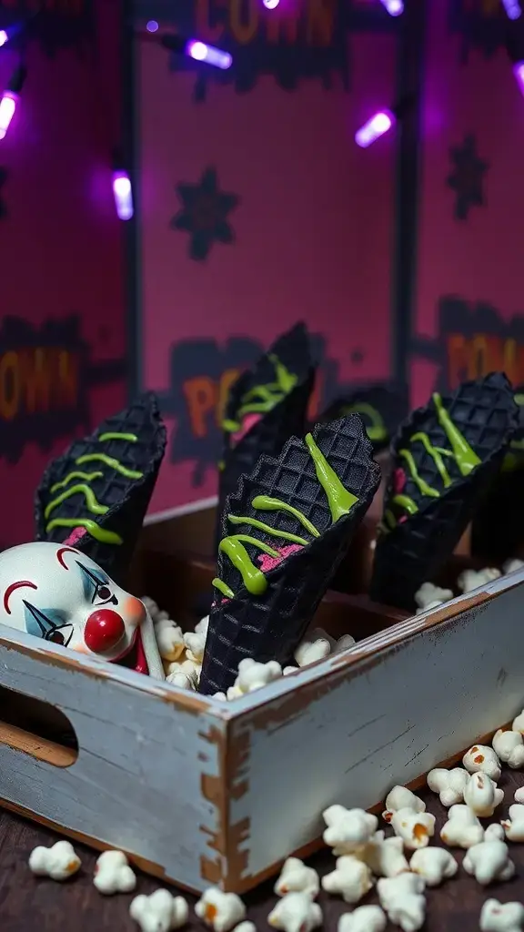 A collection of black waffle cones filled with colorful toppings, placed in a wooden box with popcorn and a clown figure.