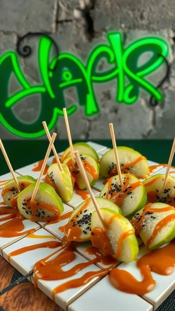 Colorful apple bites with sauce and sesame seeds on a plate.