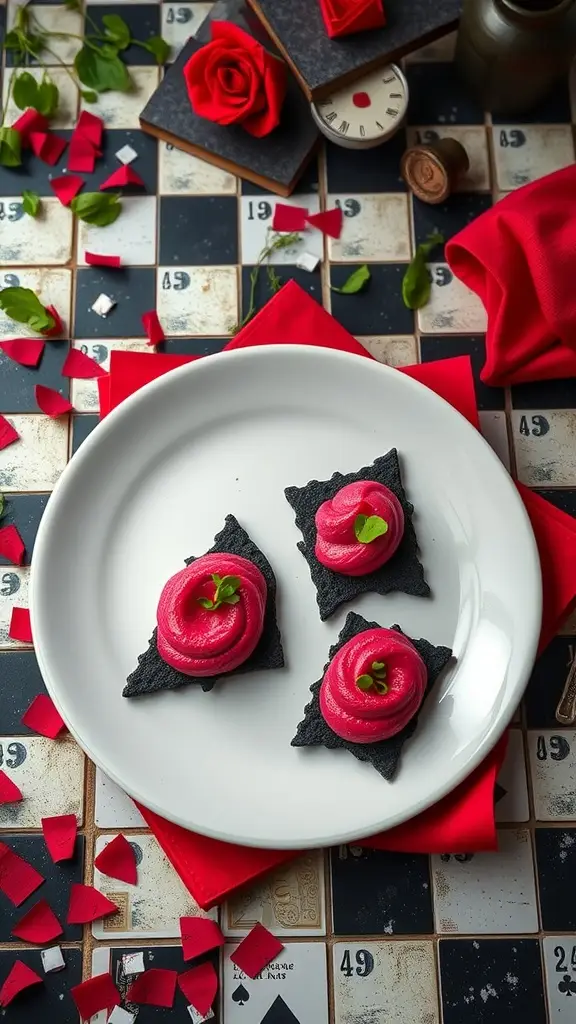 Chaos Crackers topped with vibrant pink beetroot mousse on a white plate.