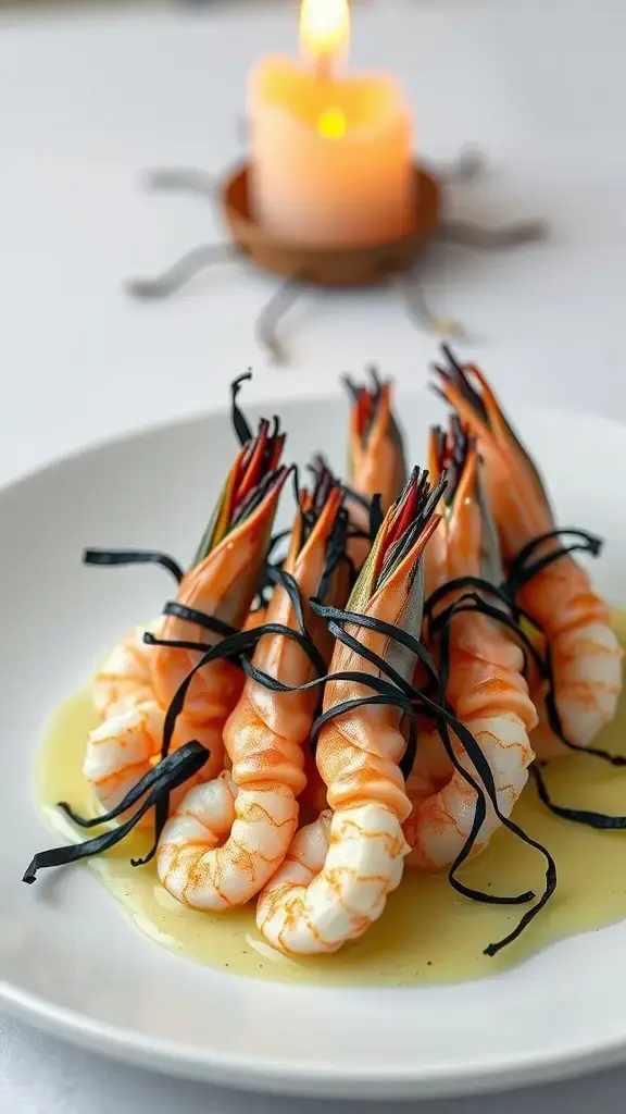 A plate of shrimp swirls tied with black noodles, sitting in a light sauce with a candle in the background.