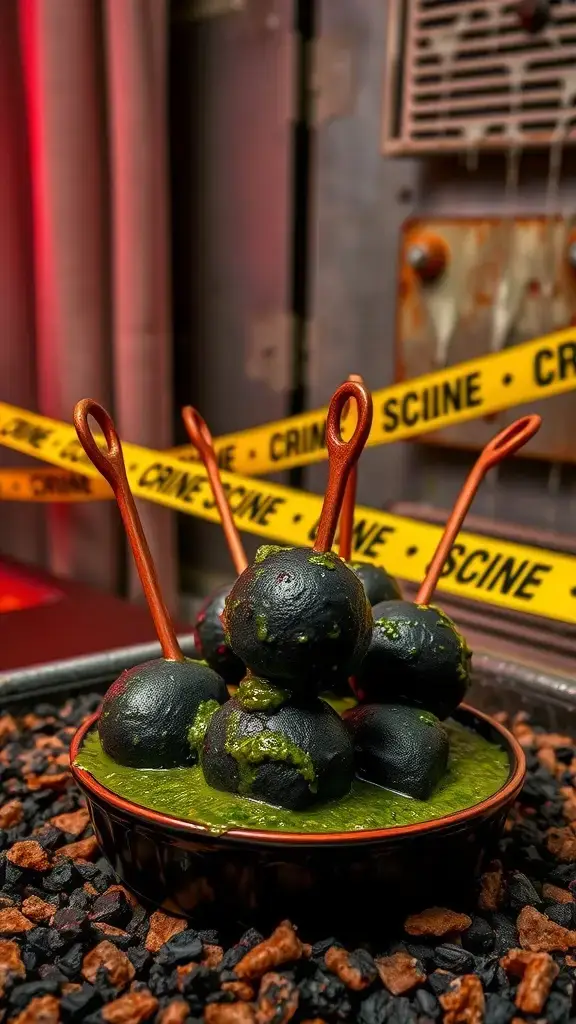A bowl of black gnocchi skewers dipped in green sauce, surrounded by black rocks and crime scene tape.