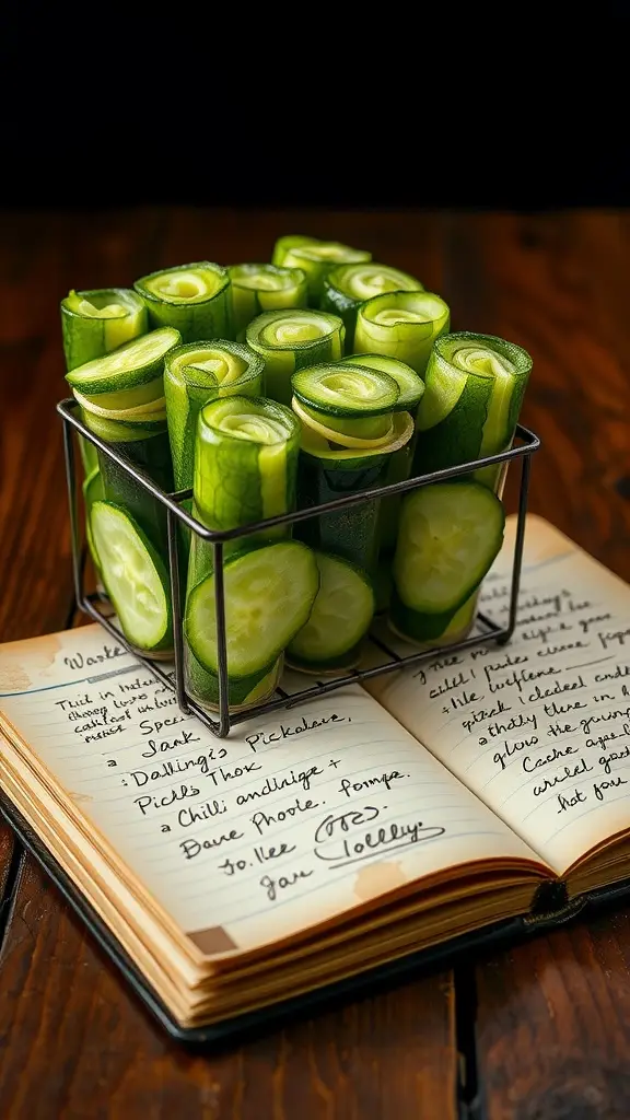 A basket of cucumber rolls next to an open recipe book.