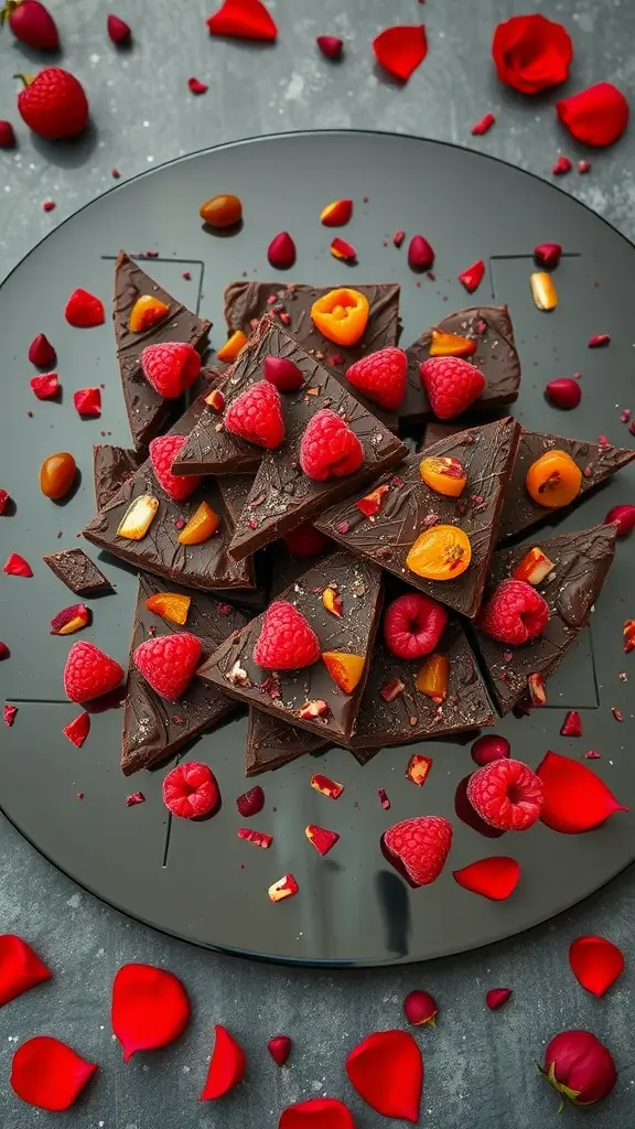 A plate of chocolate pieces decorated with raspberries and flower petals