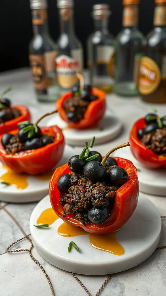 Stuffed red pepper caps with black olives and herbs on a marble plate.