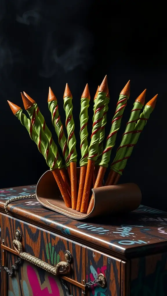 A display of painted pretzel daggers with vibrant green and orange colors.