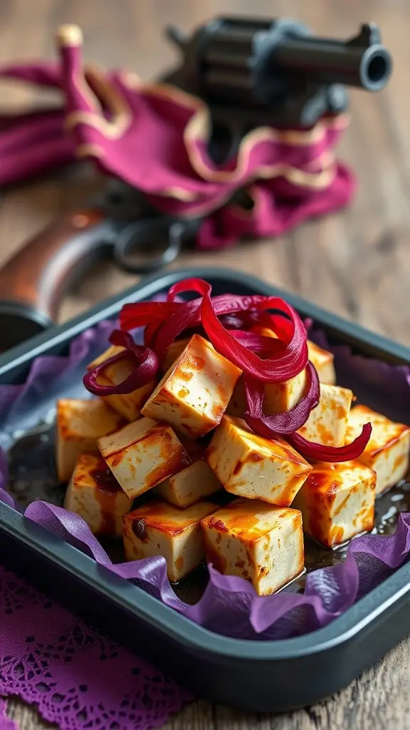 A dish of twisted tofu cubes topped with red onions, set against a backdrop with a prop gun and fabric in dark colors.
