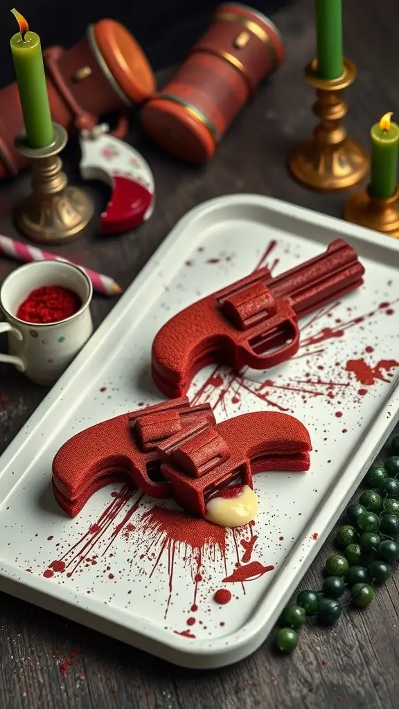 Red velvet finger foods shaped like revolvers with a sweet filling, presented on a tray with splatter effects.