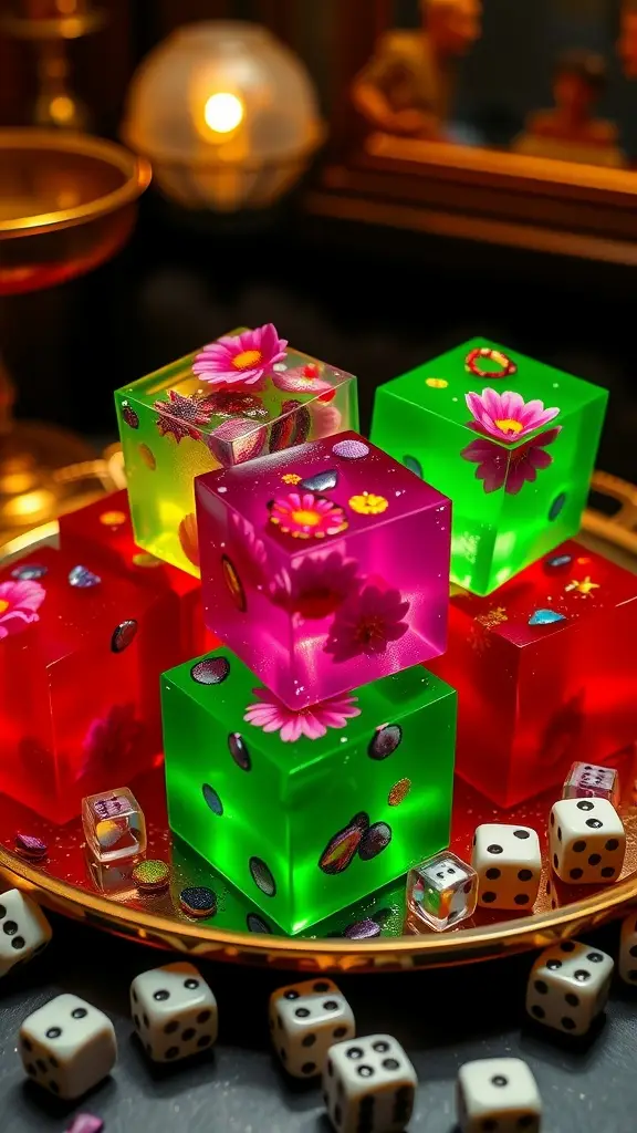 Colorful jelly cubes with floral decorations on a golden tray, surrounded by dice.