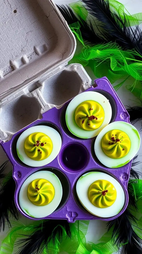 Colorful deviled eggs in a purple carton with green accents