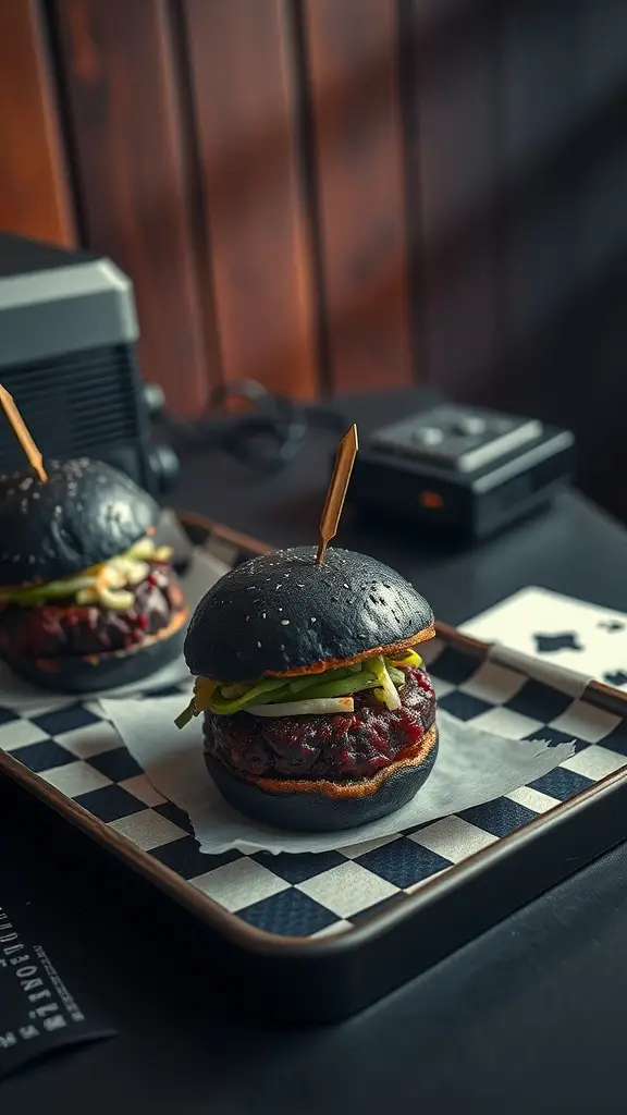 A plate of black-bun sliders topped with greens, placed on a checkered paper.
